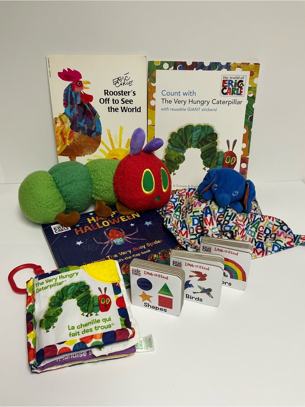 Eric Carle Lot- The Hungry Caterpillar Stuffed Toy, Elephant Lovey & Books